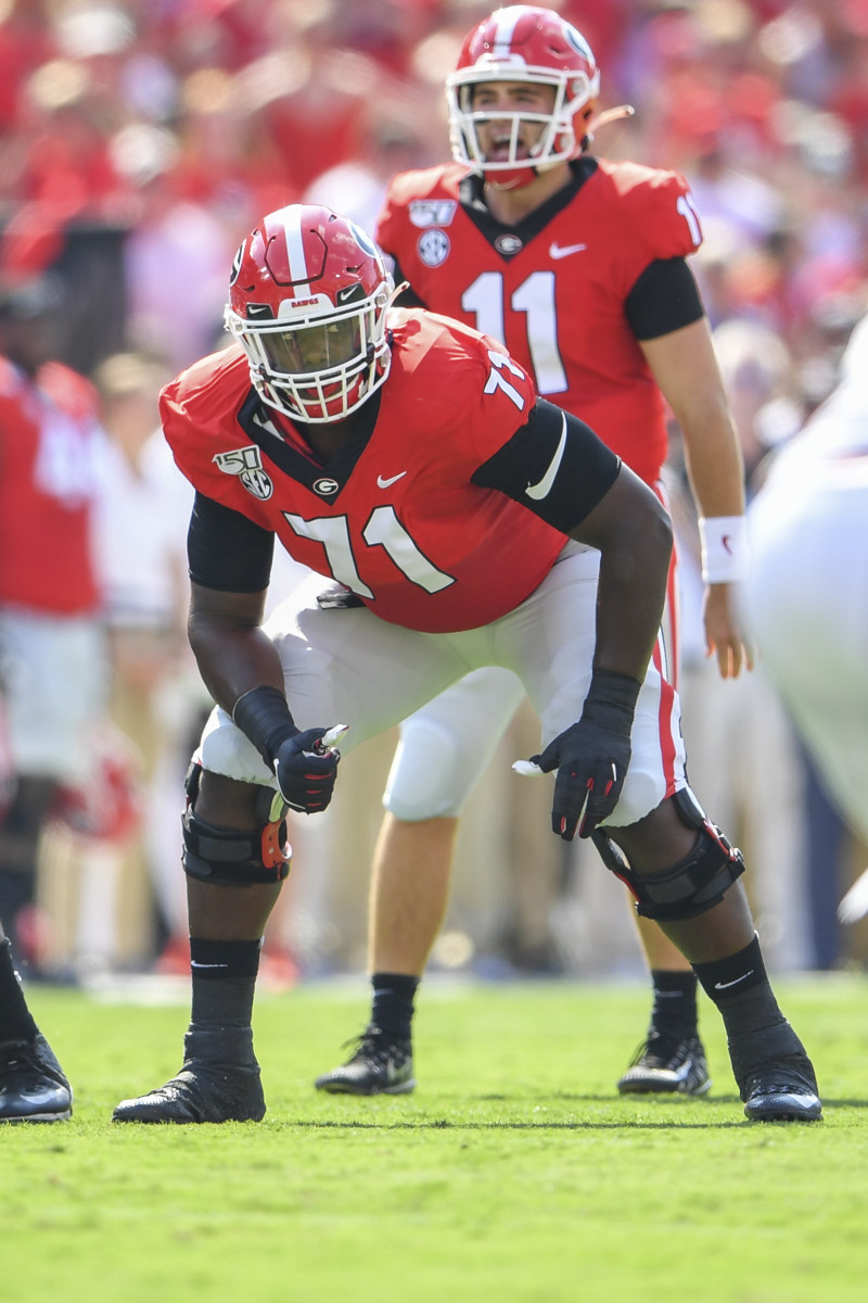 Sep 7, 2019; Athens, GA, USA; Georgia Bulldogs offensive lineman Andrew Thomas (71) waits to block against the Murray State Racers at Sanford Stadium. Mandatory Credit: Dale Zanine-USA TODAY Sports
