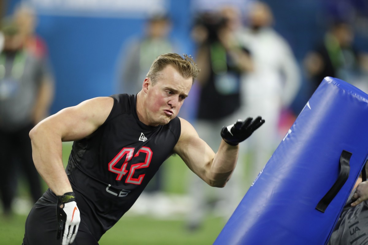 California linebacker Evan Weaver (LB42) goes through a workout drill during the 2020 NFL Combine at Lucas Oil Stadium.
