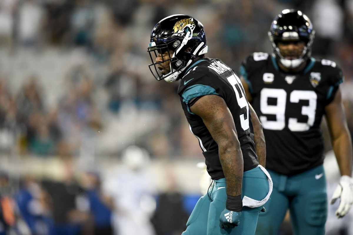 Dec 29, 2019; Jacksonville, Florida, USA; Jacksonville Jaguars defensive end Yannick Ngakoue (91) reacts during the third quarter against the Indianapolis Colts at TIAA Bank Field.