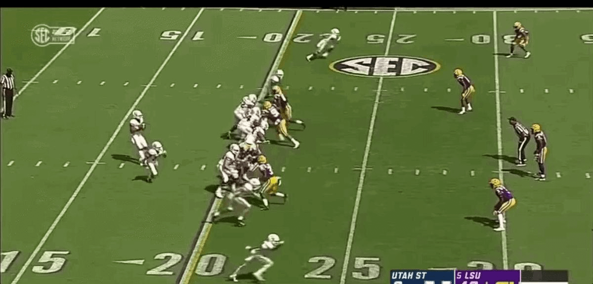 Here are those ball skills on display. Delpit's tremendous length and ball skills help him snag this Jordan Love love pass from the receiver. Really nice coverage once again by Delpit.