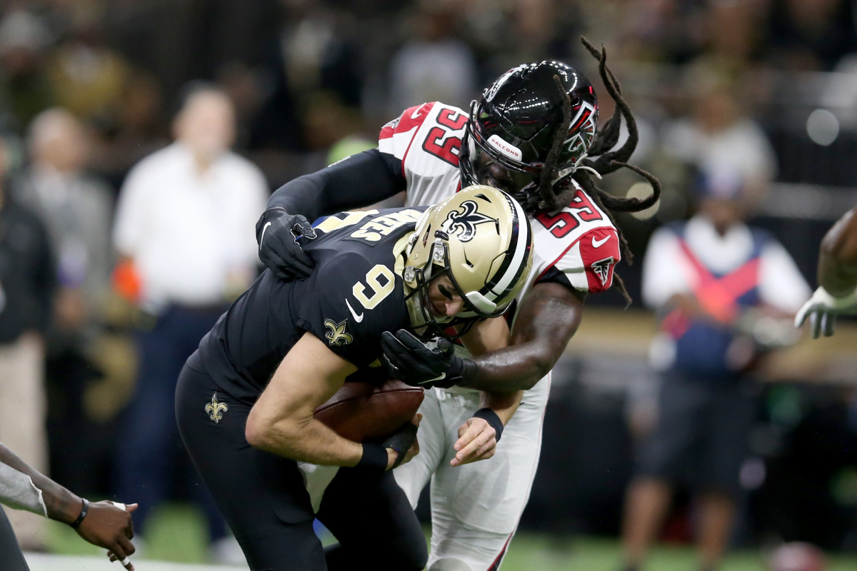 Nov 10, 2019; New Orleans, LA, USA; New Orleans Saints quarterback Drew Brees (9) is sacked by Atlanta Falcons outside linebacker De'Vondre Campbell (59) in the first quarter at the Mercedes-Benz Superdome. Mandatory Credit: Chuck Cook-USA TODAY Sports