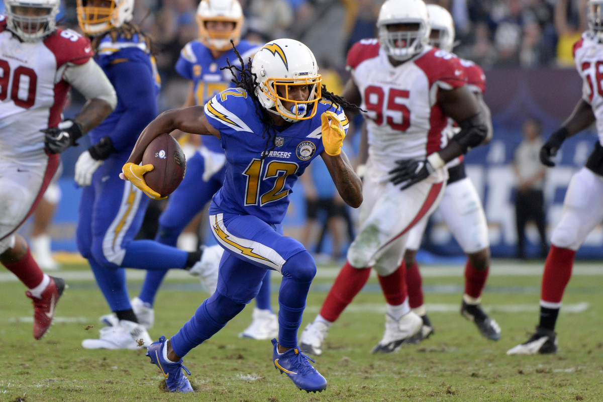 Los Angeles Chargers wide receiver Travis Benjamin (12) runs against the Arizona Cardinals during the third quarter at StubHub Center.