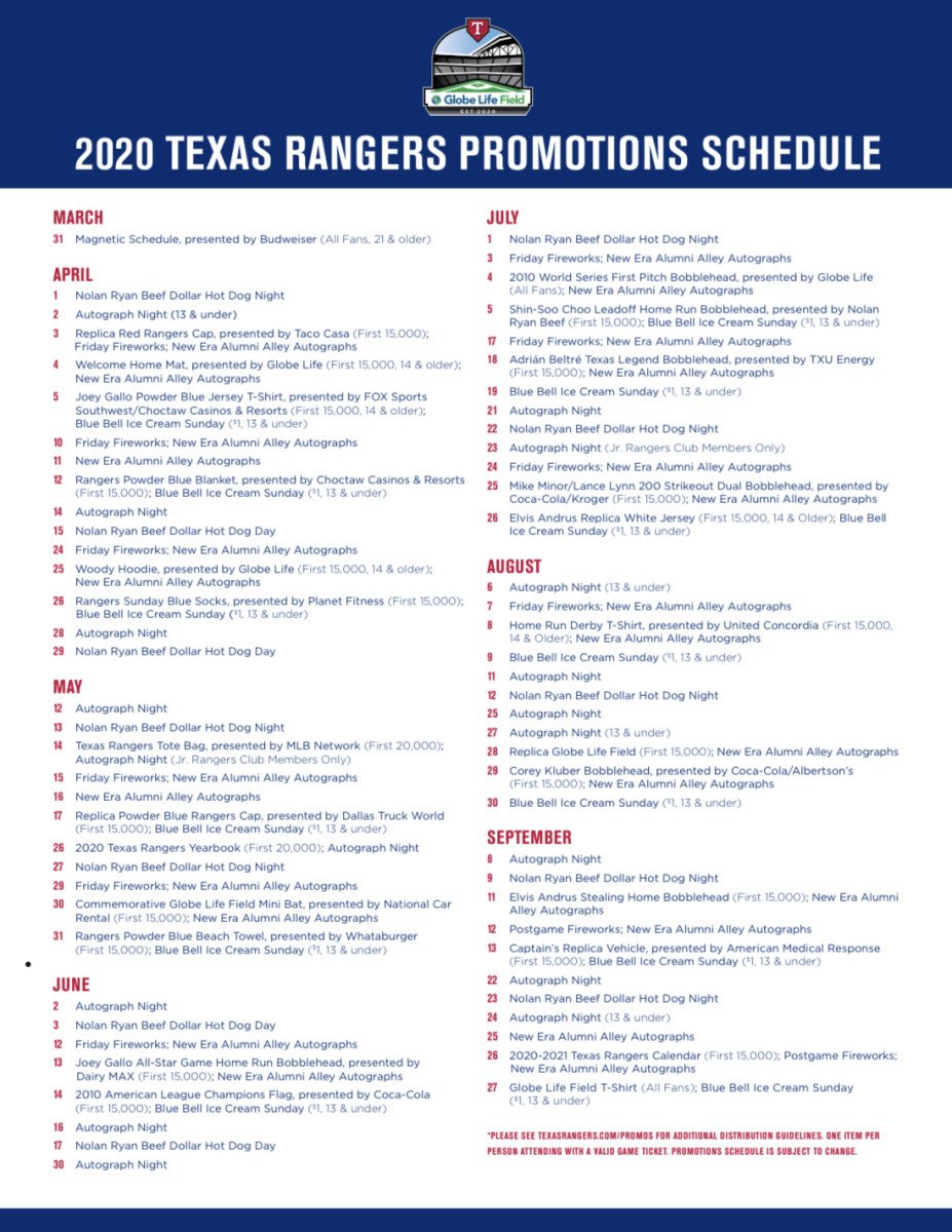 Texas Rangers Promotions Schedule Announced for 2020 Season - Sports  Illustrated Texas Rangers News, Analysis and More
