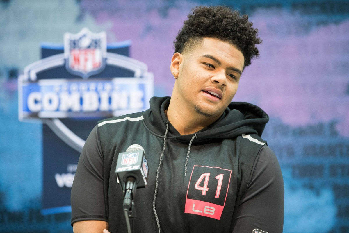Feb 27, 2020; Indianapolis, Indiana, USA; Boise State linebacker Curtis Weaver (LB41) speaks to the media during the 2020 NFL Combine in the Indianapolis Convention Center.