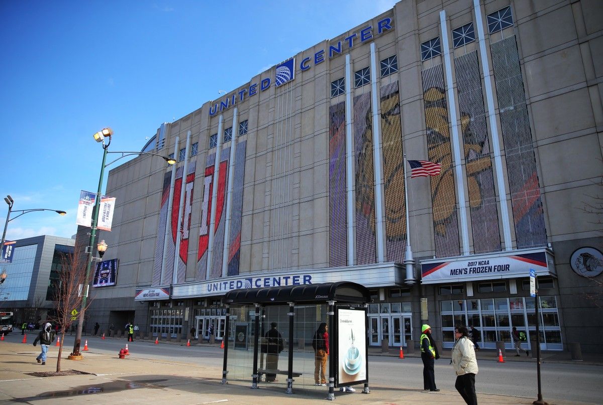 A general view outside of United Center before the 2017 Frozen Four game between Harvard Crimson and Minnesota-Duluth Bulldogs.