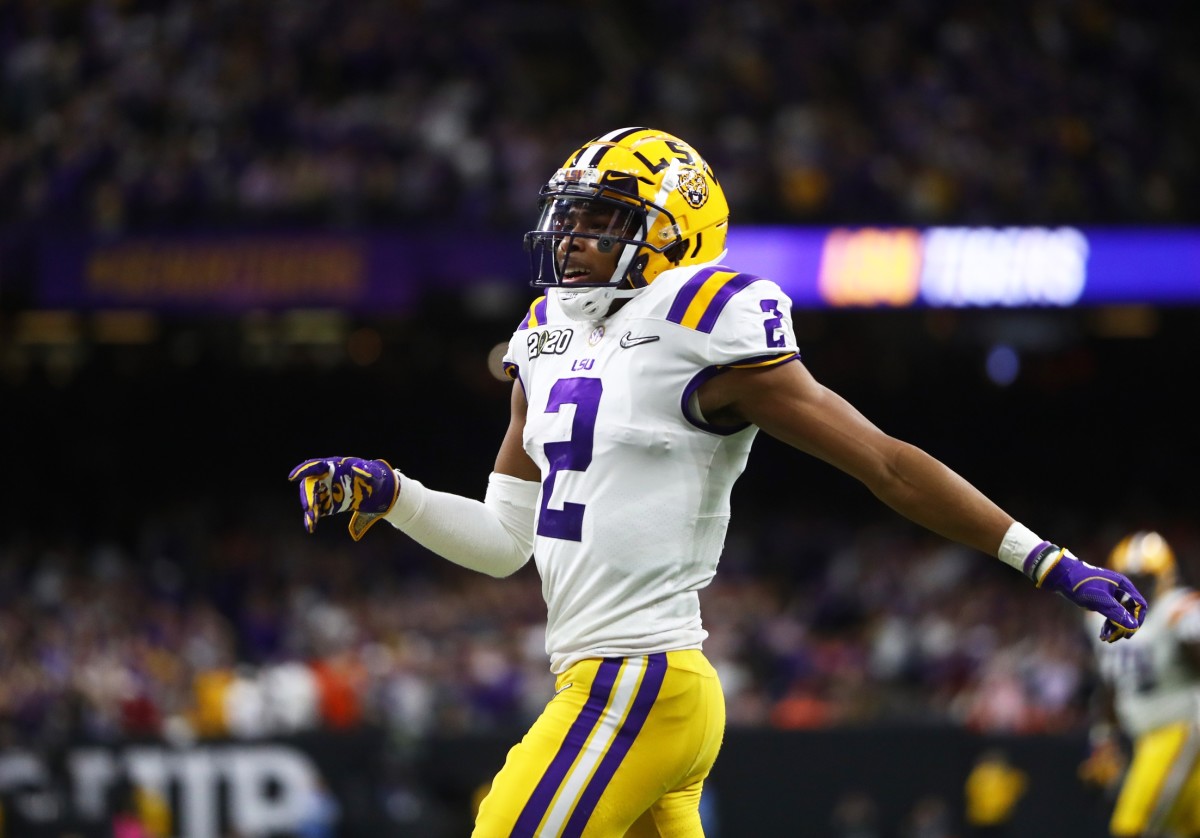 Jan 13, 2020; New Orleans, Louisiana, USA; LSU Tigers wide receiver Justin Jefferson (2) against the Clemson Tigers in the College Football Playoff national championship game at Mercedes-Benz Superdome.