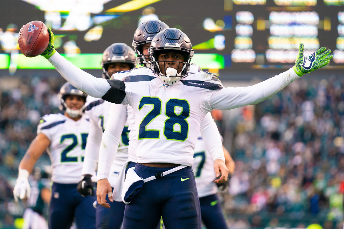 Seattle Seahawks cornerback Ugo Amadi (28) celebrates after downing a punt on the 1 yard line against the Philadelphia Eagles during the fourth quarter at Lincoln Financial Field.