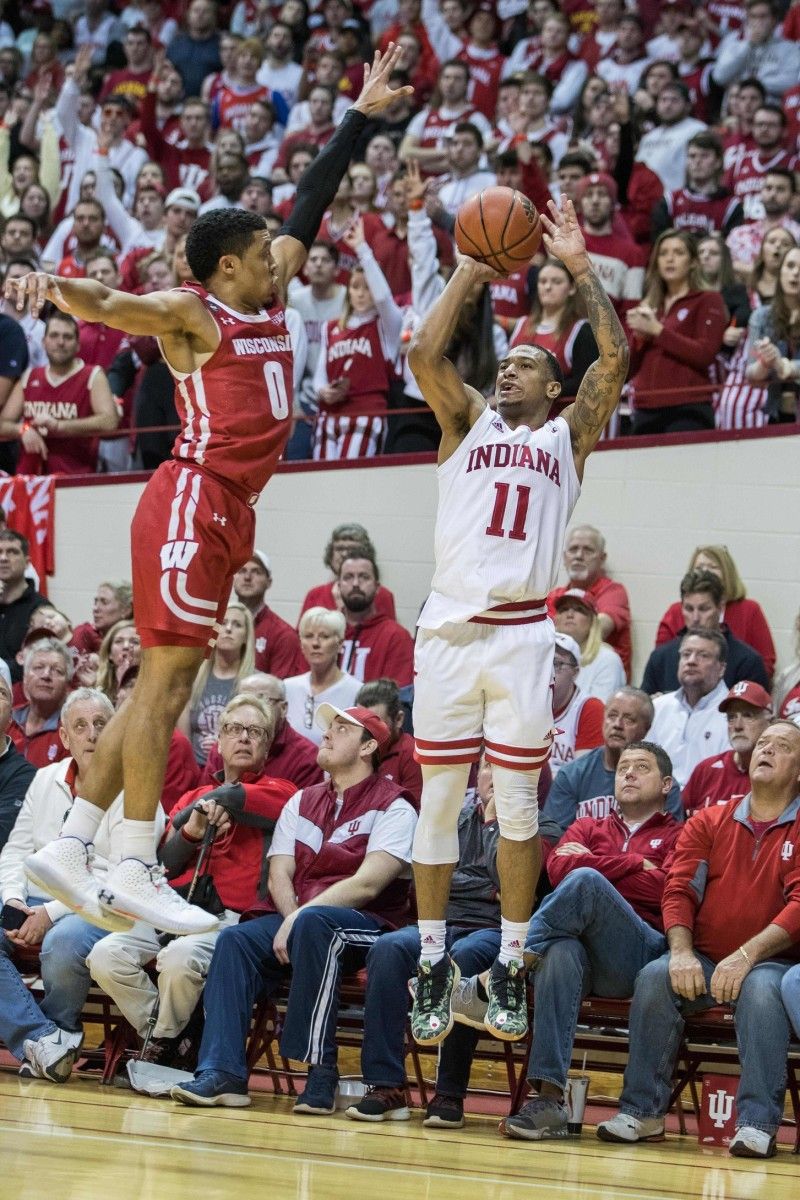 Indiana senior guard Devonte Green drains a three-pointer against Wisconsin on Saturday. (USA TODAY Sports)