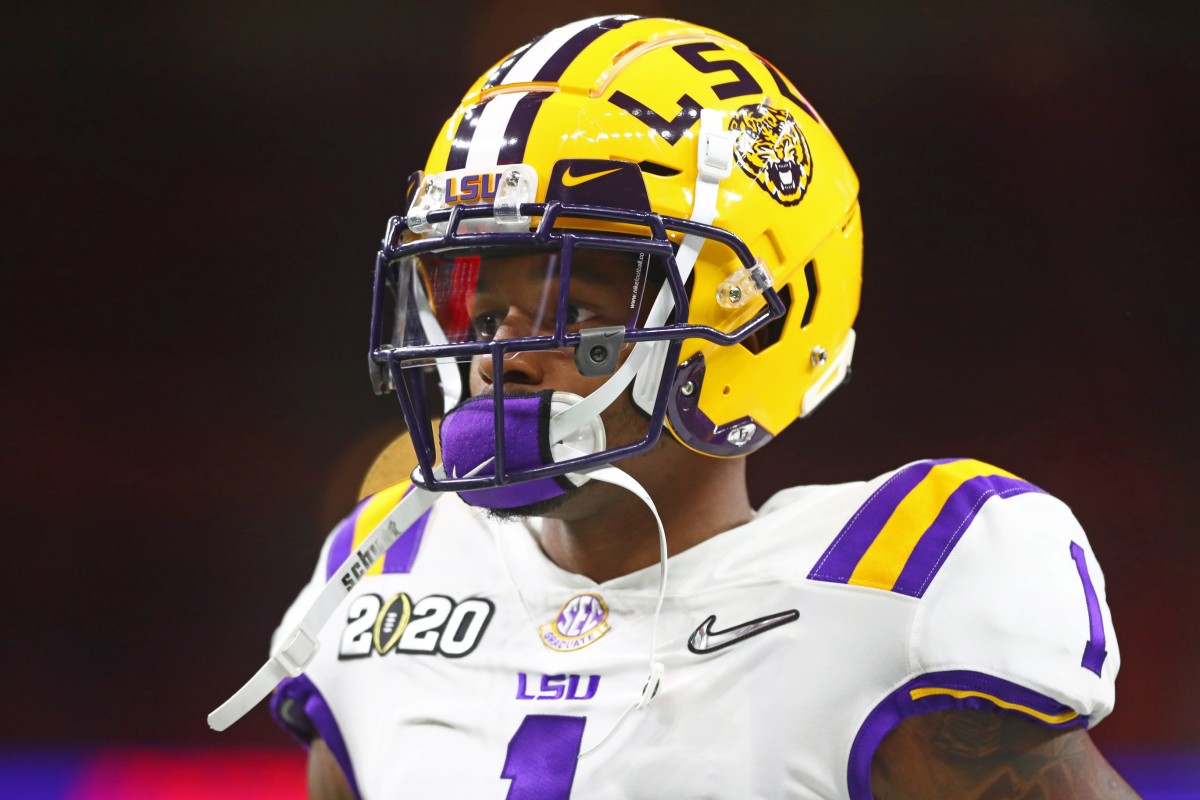 Jan 13, 2020; New Orleans, Louisiana, USA; LSU Tigers cornerback Kristian Fulton (1) against the Clemson Tigers in the College Football Playoff national championship game at Mercedes-Benz Superdome.
