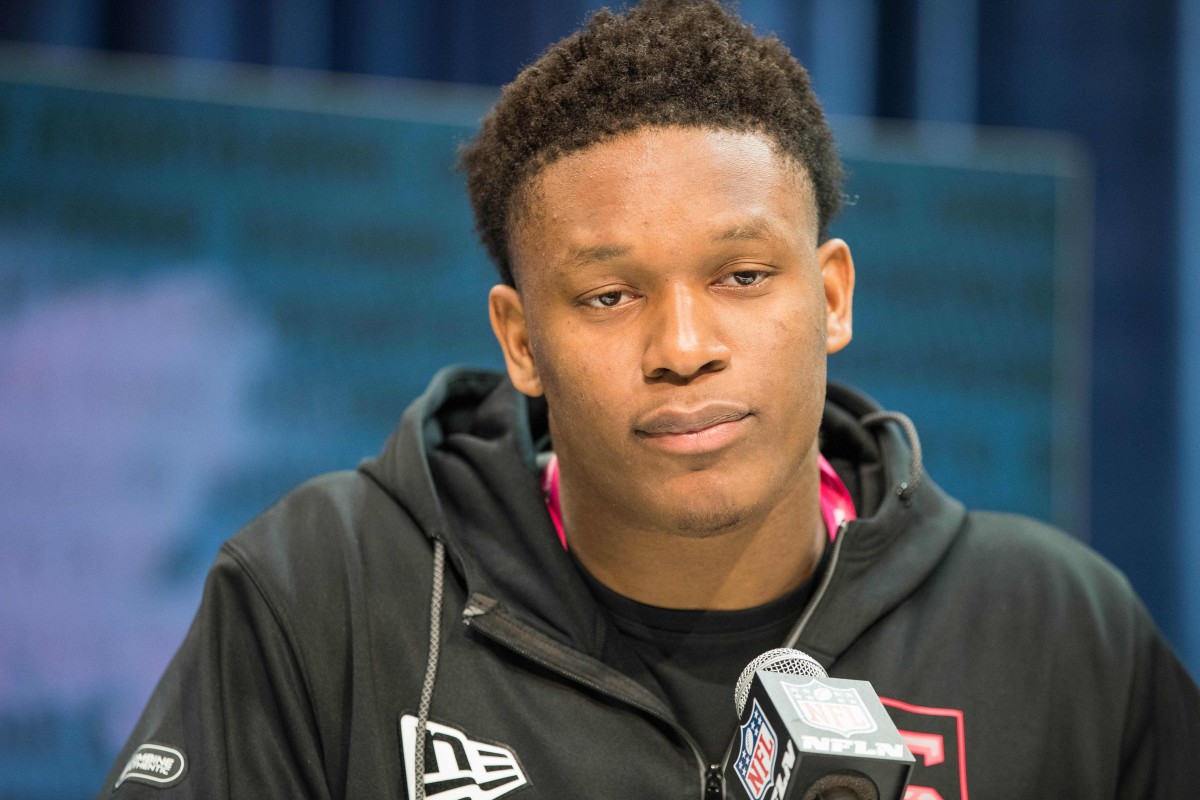 Feb 27, 2020; Indianapolis, Indiana, USA; Notre Dame defensive lineman Julian Okwara (DL35) speaks to the media during the 2020 NFL Combine in the Indianapolis Convention Center.