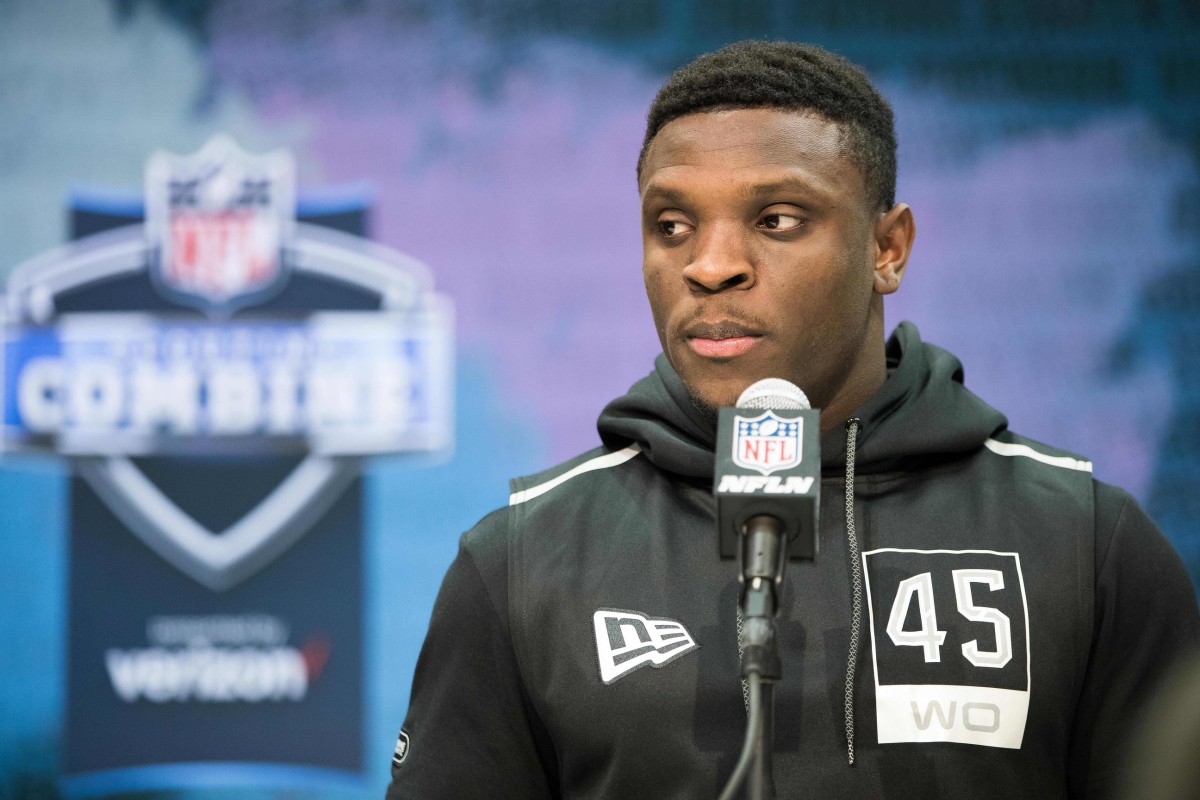 Feb 25, 2020; Indianapolis, Indiana, USA; Texas Christian wide receiver Jalen Reagor (WO45) speaks to the media during the 2020 NFL Combine in the Indianapolis Convention Center.