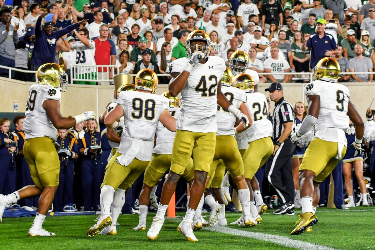 Sep 23, 2017; East Lansing, MI, USA; Notre Dame Fighting Irish defensive lineman Julian Okwara (42) gestures to the MSU crowd after Notre Dame scored a touchdown on an interception return in the first quarter against the Michigan State Spartans at Spartan Stadium.