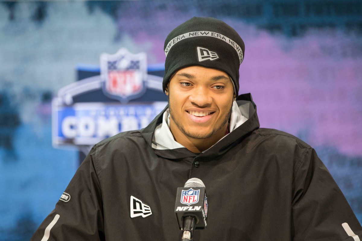 Feb 27, 2020; Indianapolis, Indiana, USA; Penn State defensive lineman Yetur Gross-Matos (DL29) speaks to the media during the 2020 NFL Combine in the Indianapolis Convention Center.