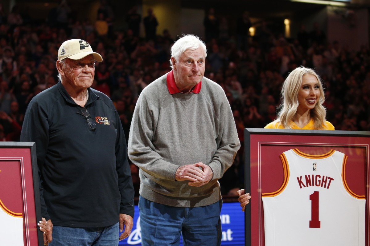 Gene Keady (left) and Bob Knight were honored at a Pacers' game on Feb. 8.
