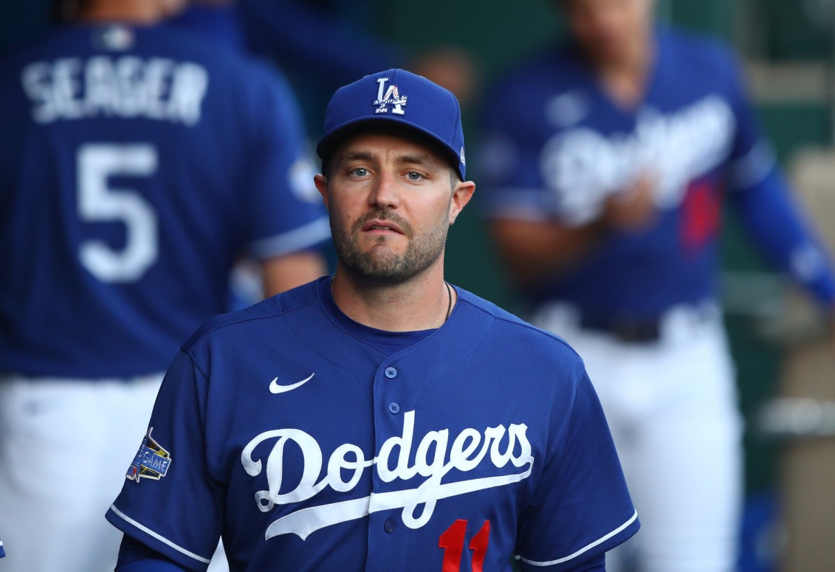 Mar 6, 2020; Phoenix, Arizona, USA; Los Angeles Dodgers outfielder A.J. Pollock against the Seattle Mariners during a spring training game at Camelback Ranch. Mandatory Credit: Mark J. Rebilas-USA TODAY Sports