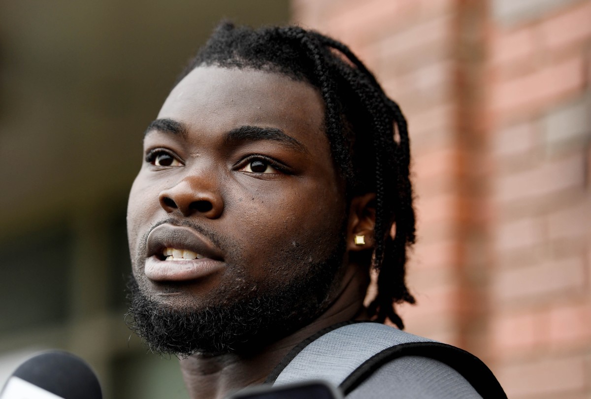 May 4, 2019; East Rutherford, NJ, USA; New York Giants offensive tackle George Asafo-Adjei (78) speaks to media during rookie minicamp at Quest Diagnostics Training Center.