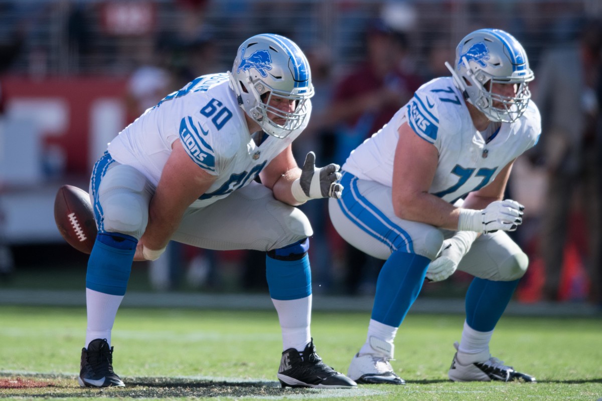 September 16, 2018; Santa Clara, CA, USA; Detroit Lions offensive guard Graham Glasgow (60) and center Frank Ragnow (77) during the fourth quarter against the San Francisco 49ers at Levi's Stadium. The 49ers defeated the Lions 30-27. Mandatory Credit: Kyle Terada-USA TODAY Sports