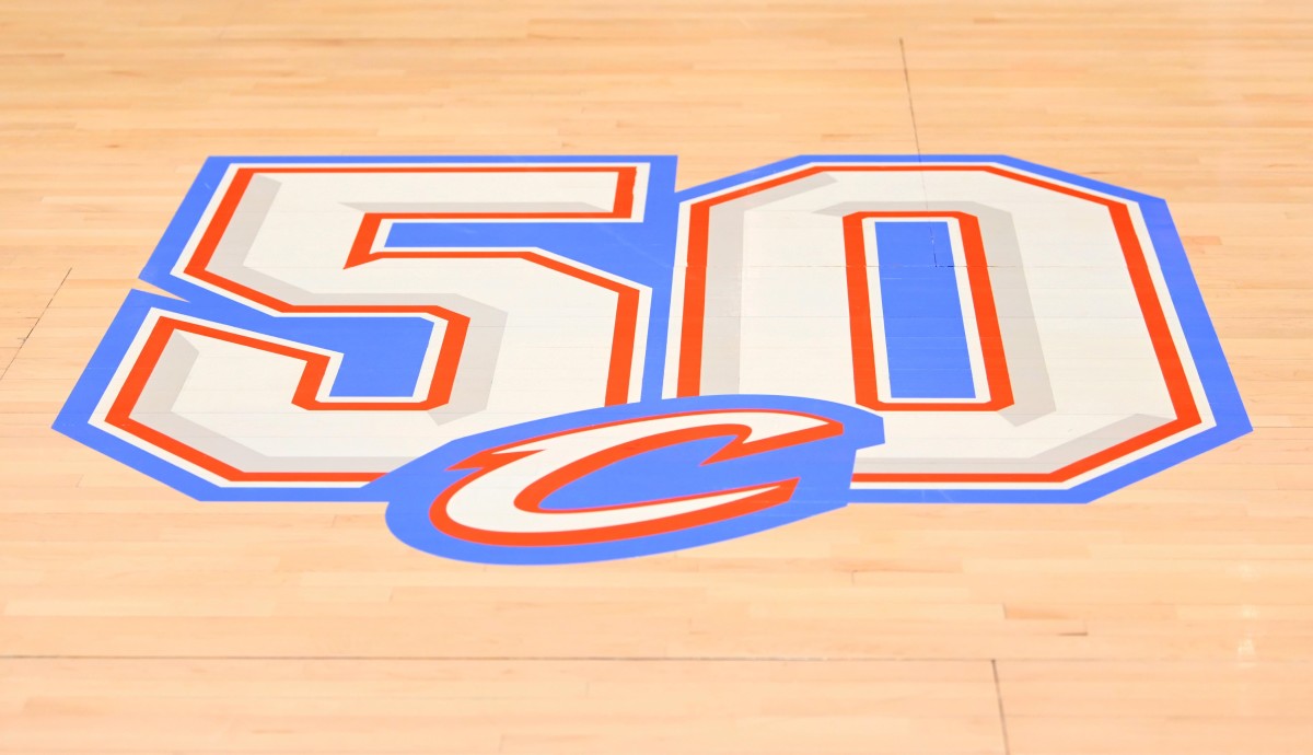 A Cavaliers logo celebrating the team's 50th anniversary season is displayed prior to a game against the Grizzlies in December 2019.