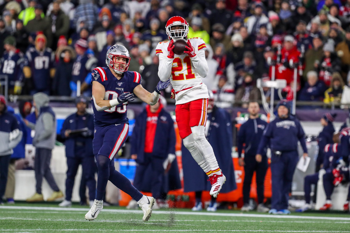 Dec 8, 2019; Foxborough, MA, USA; Kansas City Chiefs cornerback Bashaud Breeland (21) intercepts a pass by New England Patriots quarterback Tom Brady (not pictured) during the first half at Gillette Stadium. Mandatory Credit: Paul Rutherford-USA TODAY Sports
