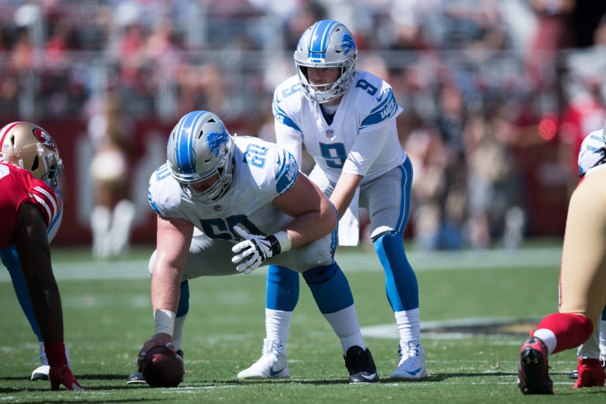 Detroit Lions offensive guard Graham Glasgow (60) in front of quarterback Matthew Stafford (9) during the first quarter against the San Francisco 49ers at Levi's Stadium. The 49ers defeated the Lions 30-27.