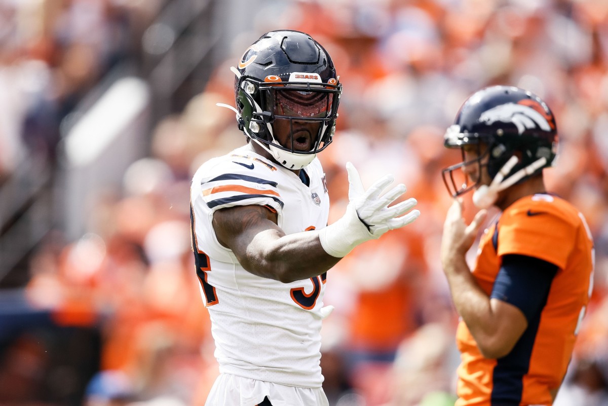 Sep 15, 2019; Denver, CO, USA; Chicago Bears linebacker Leonard Floyd (94) reacts to a call in the first quarter against the Denver Broncos at Empower Field at Mile High.