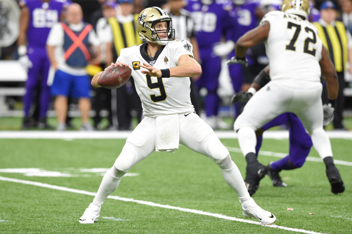 Jan 5, 2020; New Orleans, Louisiana, USA; New Orleans Saints quarterback Drew Brees (9) throws a pass against the Minnesota Vikings during the fourth quarter of a NFC Wild Card playoff football game at the Mercedes-Benz Superdome. Mandatory Credit: John David Mercer-USA TODAY Sports