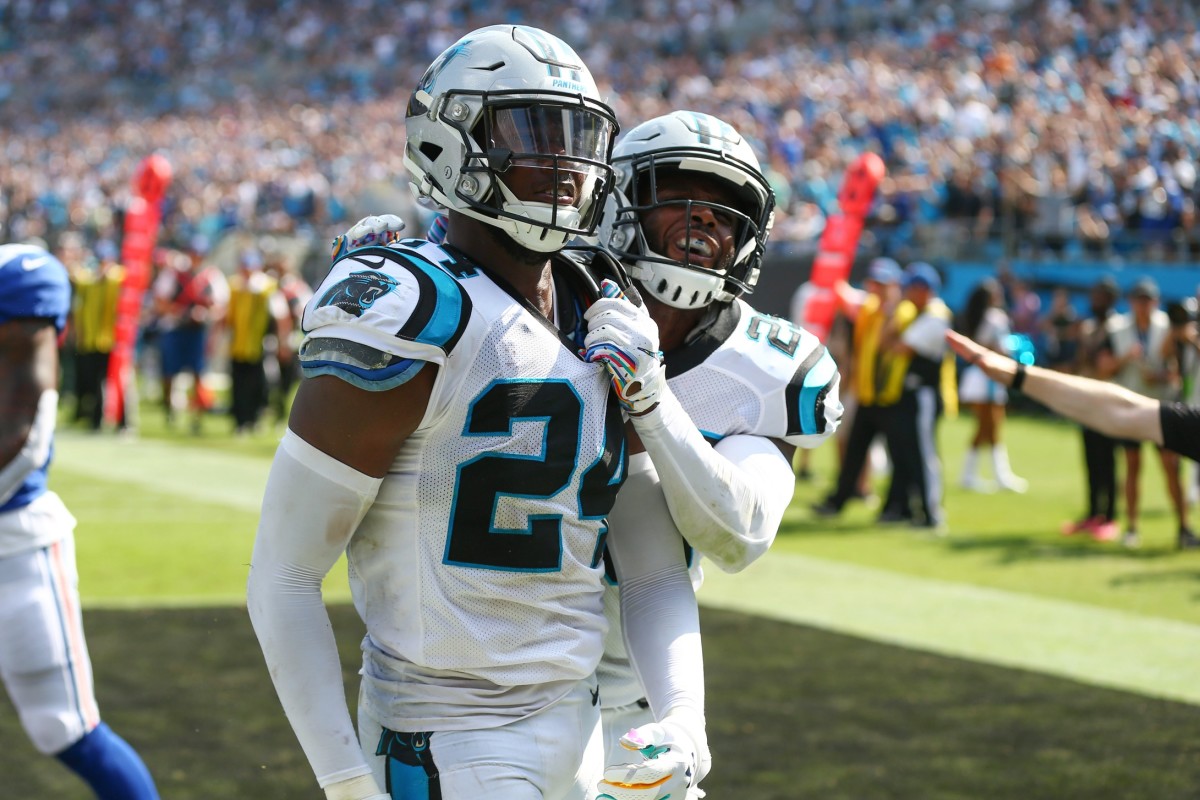 Oct 7, 2018; Charlotte, NC, USA; Carolina Panthers cornerback James Bradberry (24) reacts to a pass break up in the third quarter against the New York Giants at Bank of America Stadium.