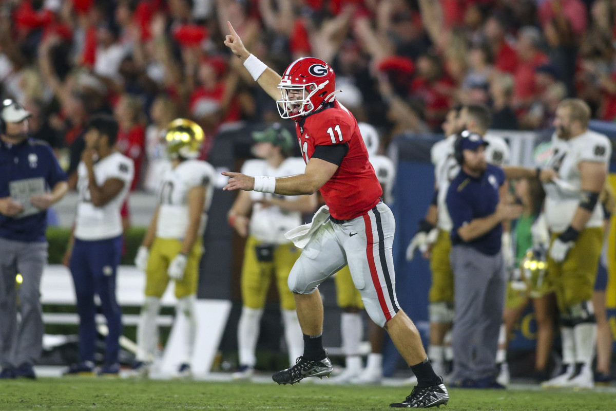 Jake Fromm celebrates in the 2019 home defeat of Notre Dame