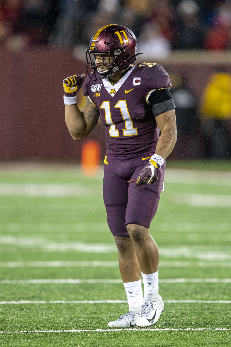 Oct 12, 2019; Minneapolis, MN, USA; Minnesota Golden Gophers defensive back Antoine Winfield Jr. (11) pumps his fist after making a stop in the second half against the Nebraska Cornhuskers at TCF Bank Stadium. Mandatory Credit: Jesse Johnson-USA TODAY Sports