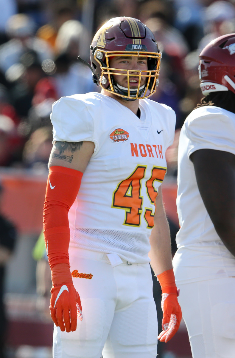 Jan 25, 2020; Mobile, AL, USA; North linebacker Carter Coughlin of Minnesota (45) in the first half of the 2020 Senior Bowl college football game at Ladd-Peebles Stadium. Mandatory Credit: Chuck Cook-USA TODAY Sports