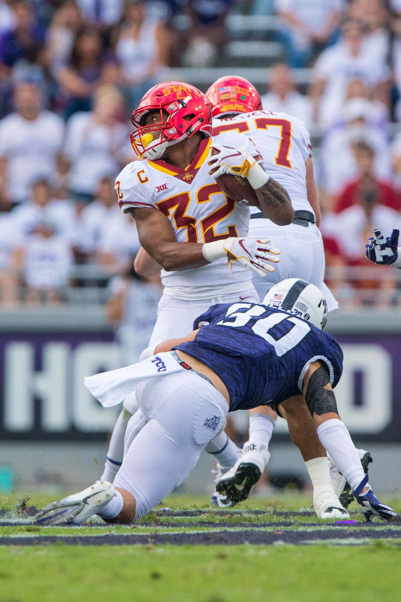 Sep 29, 2018; Fort Worth, TX, USA; TCU Horned Frogs defensive tackle Ross Blacklock (90) and Iowa State Cyclones running back David Montgomery (32) in action during the game at Amon G. Carter Stadium. Mandatory Credit: Jerome Miron-USA TODAY Sports