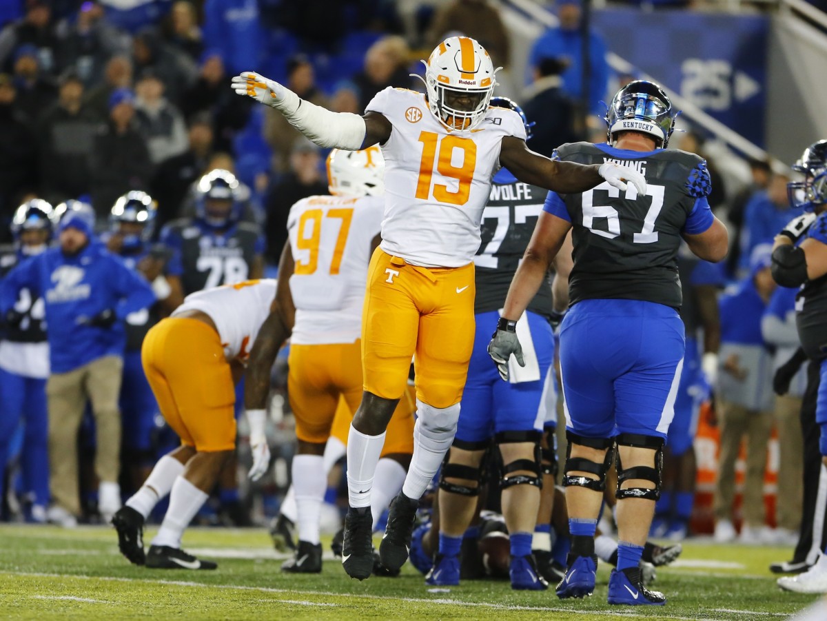 Nov 9, 2019; Lexington, KY, USA; Tennessee Volunteers linebacker Darrell Taylor (19) celebrates during the game against the Kentucky Wildcats in the second half at Kroger Field.
