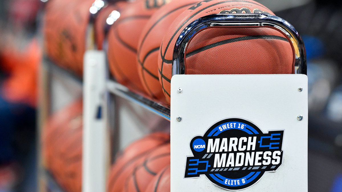 A rack of basketballs at March Madness