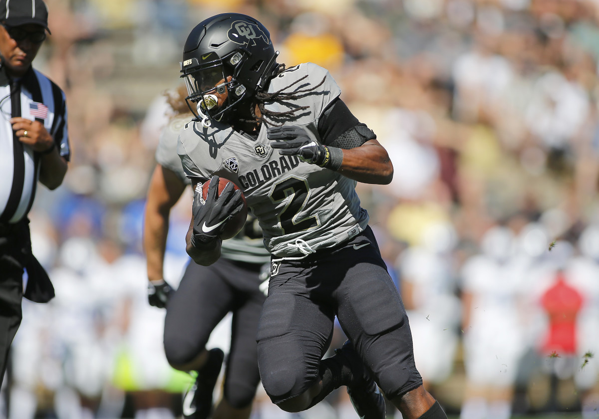 Sep 14, 2019; Boulder, CO, USA; Colorado Buffaloes wide receiver Laviska Shenault Jr. (2) runs a reception into the end zone for a touchdown in the first quarter against the Air Force Falcons at Folsom Field. Mandatory Credit: Russell Lansford-USA TODAY