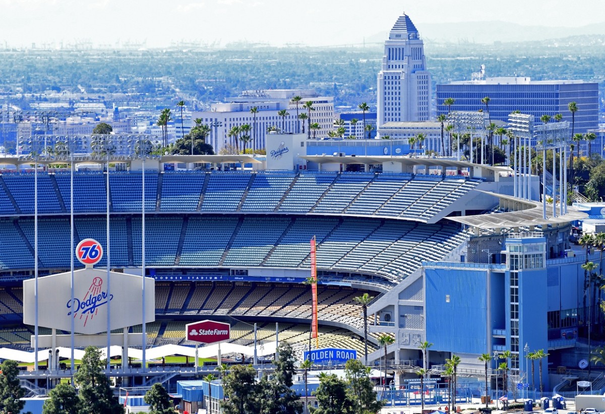 Mar 26, 2020; Los Angeles, California, USA; View of an empty Dodger Stadium on what was scheduled to be opening day against the San Francisco Giants The game was canceled due to the coronavirus pandemic. Mandatory Credit: Jayne Kamin-Oncea-USA TODAY Sports