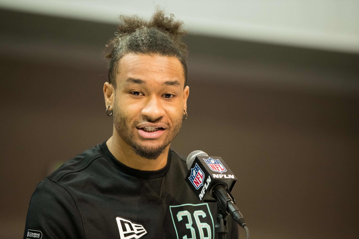 Feb 28, 2020; Indianapolis, Indiana, USA; Utah defensive back Julian Blackmon (DB36) speaks to the media during the 2020 NFL Combine in the Indianapolis Convention Center.