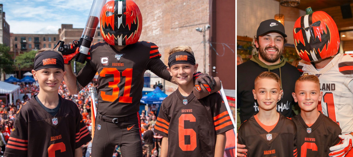 Gus Angelone, aka Pumpkinhead, and his sons at a game (left) and at a function with Baker Mayfield (right).