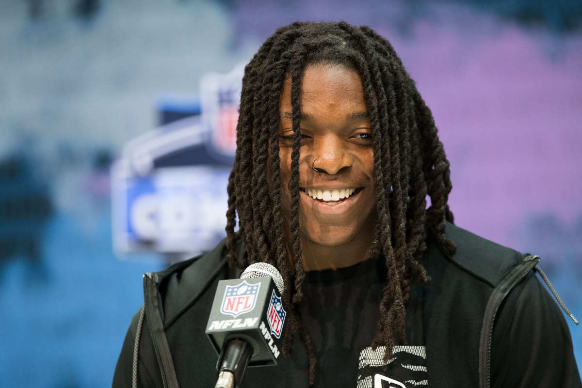 Feb 25, 2020; Indianapolis, Indiana, USA; Colorado wide receiver Laviska Shenault Jr (WO49) speaks to the media during the 2020 NFL Combine in the Indianapolis Convention Center. Mandatory Credit: Trevor Ruszkowski-USA TODAY Sports
