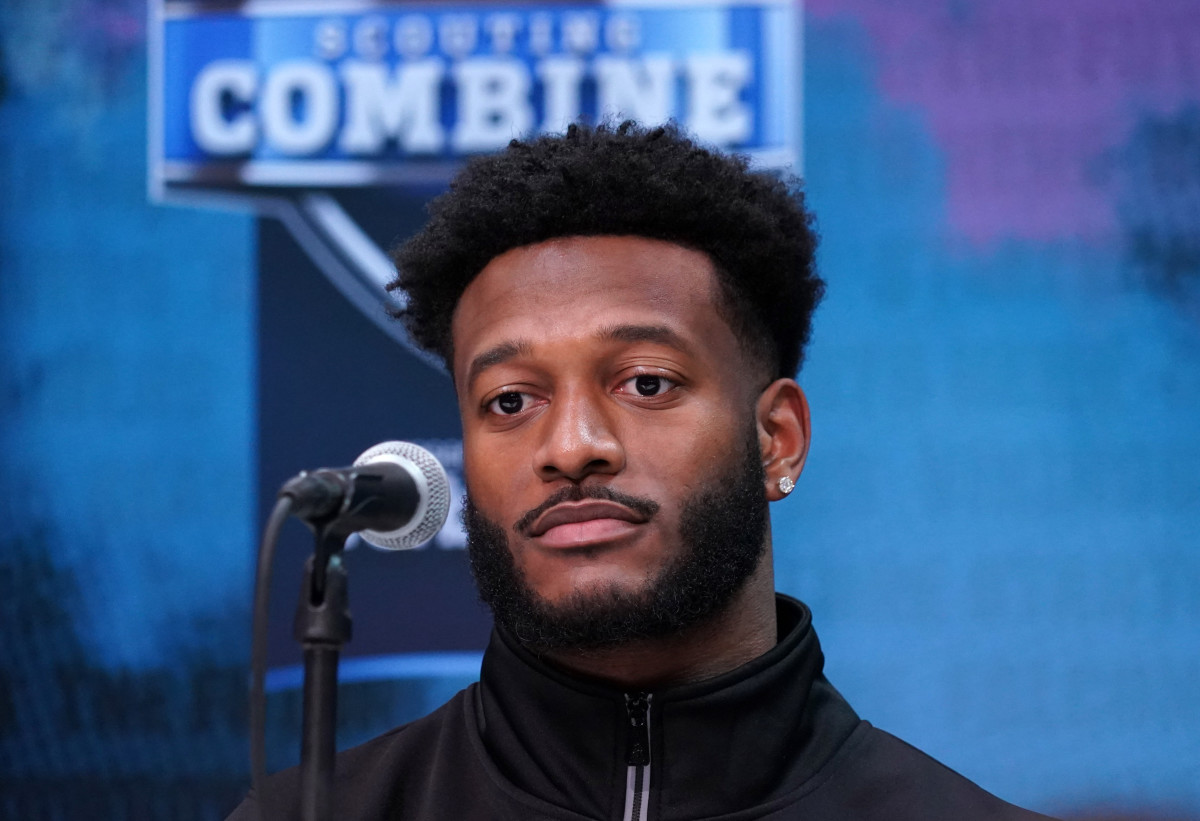 Feb 25, 2020; Indianapolis, Indiana, USA; Ohio State Buckeyes receiver KJ Hill (K.J. Hill) speaks during the NFL Scouting Combine at the Indiana Convention Center. Mandatory Credit: Kirby Lee-USA TODAY Sports