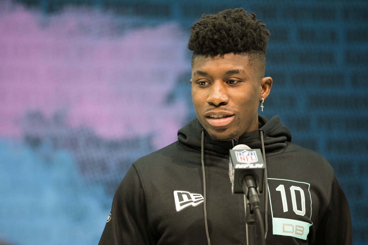Feb 28, 2020; Indianapolis, Indiana, USA; Texas Christian defensive back Jeff Gladney (DB10) speaks to the media during the 2020 NFL Combine in the Indianapolis Convention Center. Mandatory Credit: Trevor Ruszkowski-USA TODAY Sports
