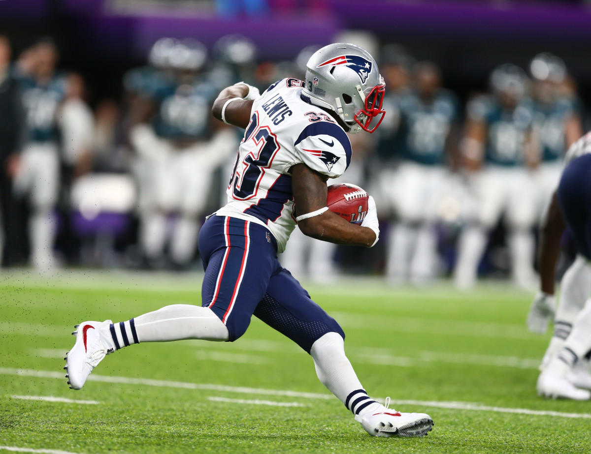Feb 4, 2018; Minneapolis, MN, USA; New England Patriots running back Dion Lewis (33) against the Philadelphia Eagles in Super Bowl LII at U.S. Bank Stadium