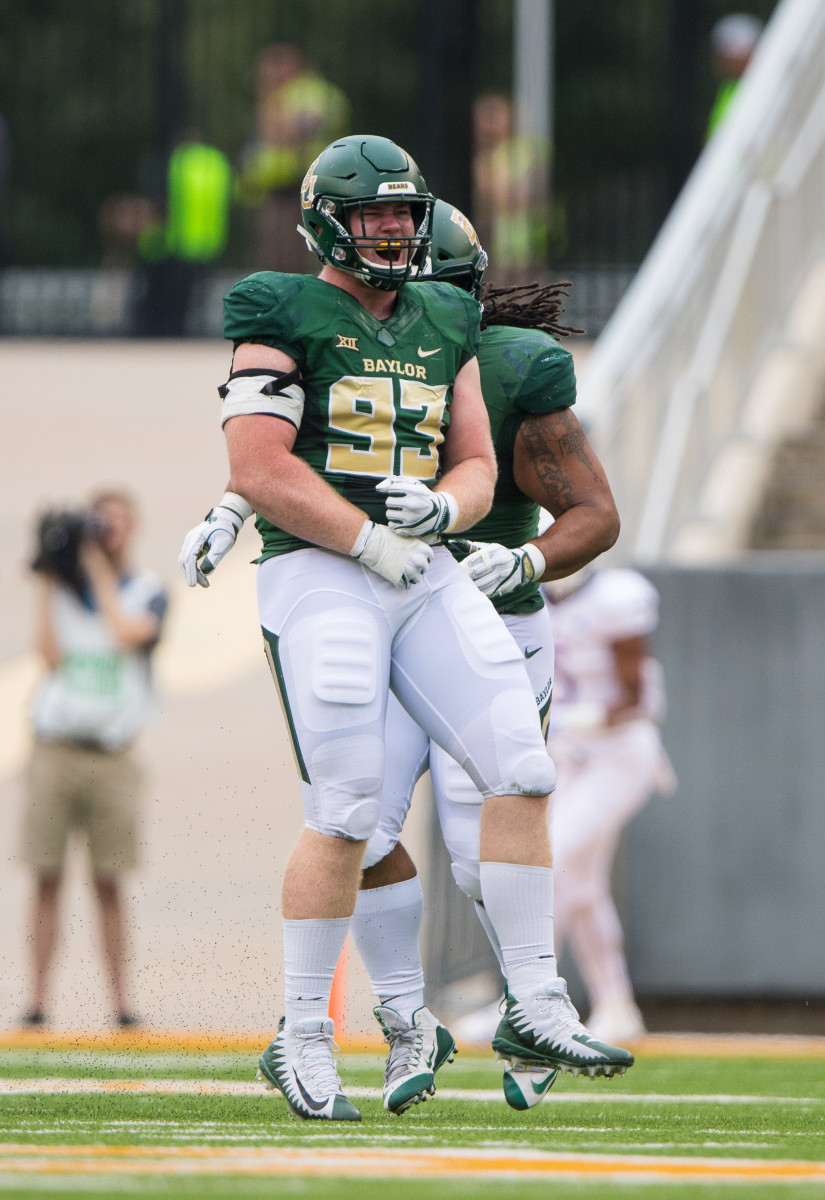Sep 22, 2018; Waco, TX, USA; Baylor Bears defensive tackle James Lynch (93) and defensive tackle Bravvion Roy (99) in action during the game against the Kansas Jayhawks at McLane Stadium. Mandatory Credit: Jerome Miron-USA TODAY Sports