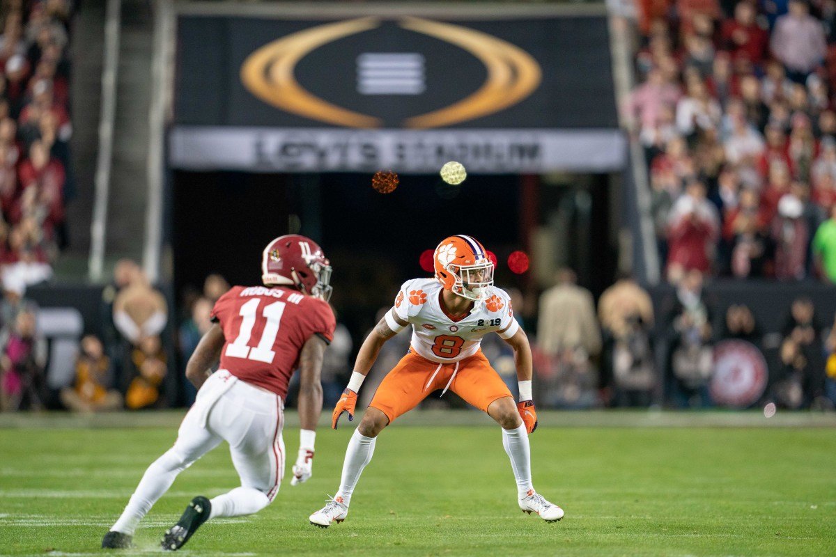 January 7, 2019; Santa Clara, CA, USA; Clemson Tigers cornerback A.J. Terrell (8) defends against Alabama Crimson Tide wide receiver Henry Ruggs III (11) during the first quarter of the 2019 College Football Playoff Championship game at Levi's Stadium. Clemson defeated Alabama 44-16. Mandatory Credit: Kyle Terada-USA TODAY Sports