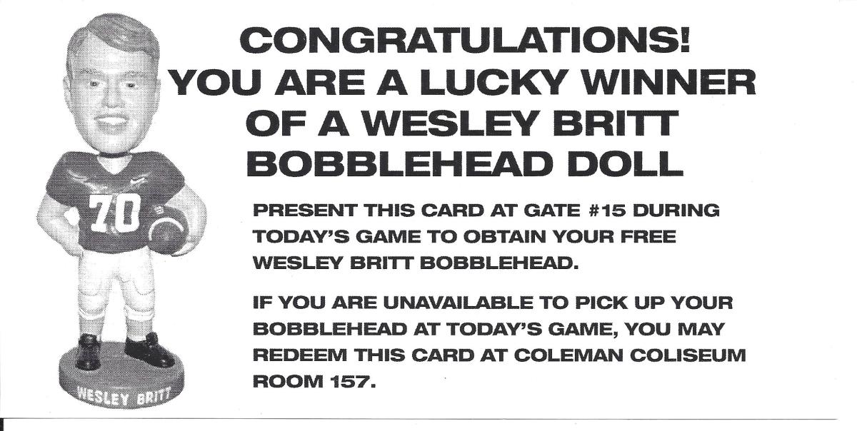 Wesley Britt bobblehead certificate