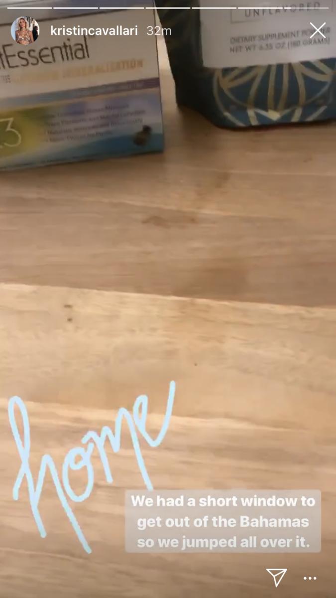 Screenshot of Kristin Cavallari's Instagram story confirming she and Jay Cutler left the Bahamas