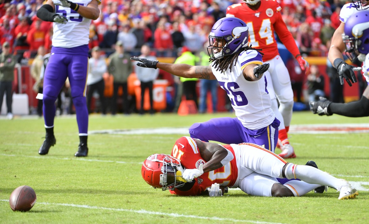 Nov 3, 2019; Kansas City, MO, USA; Minnesota Vikings cornerback Trae Waynes (26) reacts after breaking up a pass intended for Kansas City Chiefs wide receiver Tyreek Hill (10) during the first half at Arrowhead Stadium. Mandatory Credit: Denny Medley-USA TODAY Sports