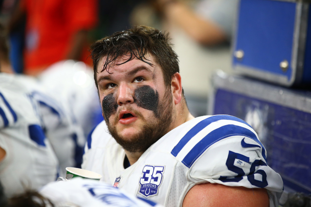Indianapolis Colts offensive guard Quenton Nelson looks up at the scoreboard during a 2019 game.
