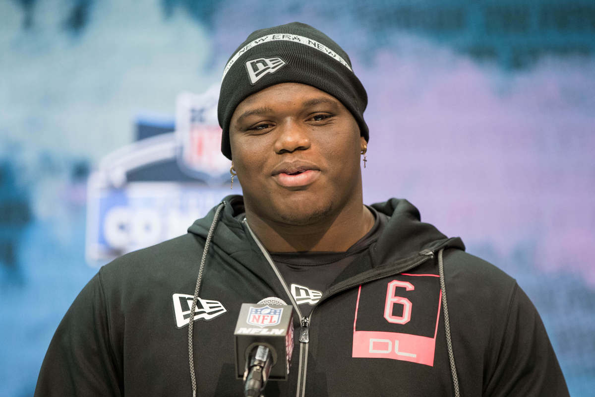 Feb 27, 2020; Indianapolis, Indiana, USA; Auburn defensive lineman Marlon Davidson (DL06) speaks to the media during the 2020 NFL Combine in the Indianapolis Convention Center.