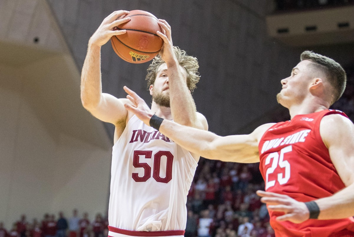 Indiana forward Joey Brunk (50) grabs a rebound against Ohio State. (USA TODAY Sports)