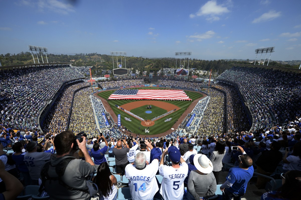 April 3, 2017; Los Angeles, CA, USA; General view of national anthem before the Los Angeles Dodgers play against the San Diego Padres in the opening day game at Dodger Stadium. Mandatory Credit: Gary A. Vasquez-USA TODAY Sports